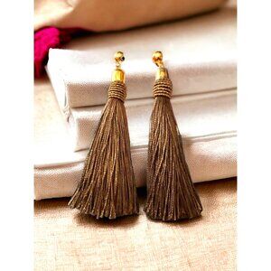 Gold Post Stud Earrings with Long Dark Brown Tassels